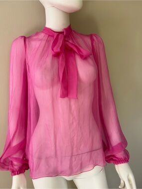Dolce&GabbanaPinkSilk Sheer BlouseSize 38 IT Fuchsia High Neck Balloon SleeveTop
